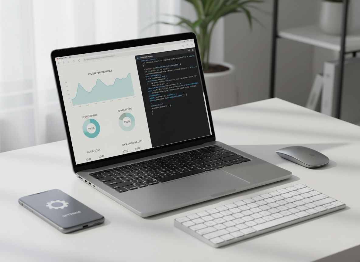 A sleek silver laptop with a crisp, minimalist dashboard of analytics and code displayed on its screen, resting on a clean white desk. Around it are a wireless mouse, a slim mechanical keyboard, and a modern smartphone angled slightly outward, all in neutral tones. Soft daylight from a large unseen window washes over the workspace, creating gentle reflections on the metallic surfaces and a faint shadow behind the devices. Photographic realism, shot from a slightly elevated angle with shallow depth of field, keeping the laptop in sharp focus while the background fades into a soft blur. The mood is professional, organized, and focused, perfect for an IT information and problem-solving blog.